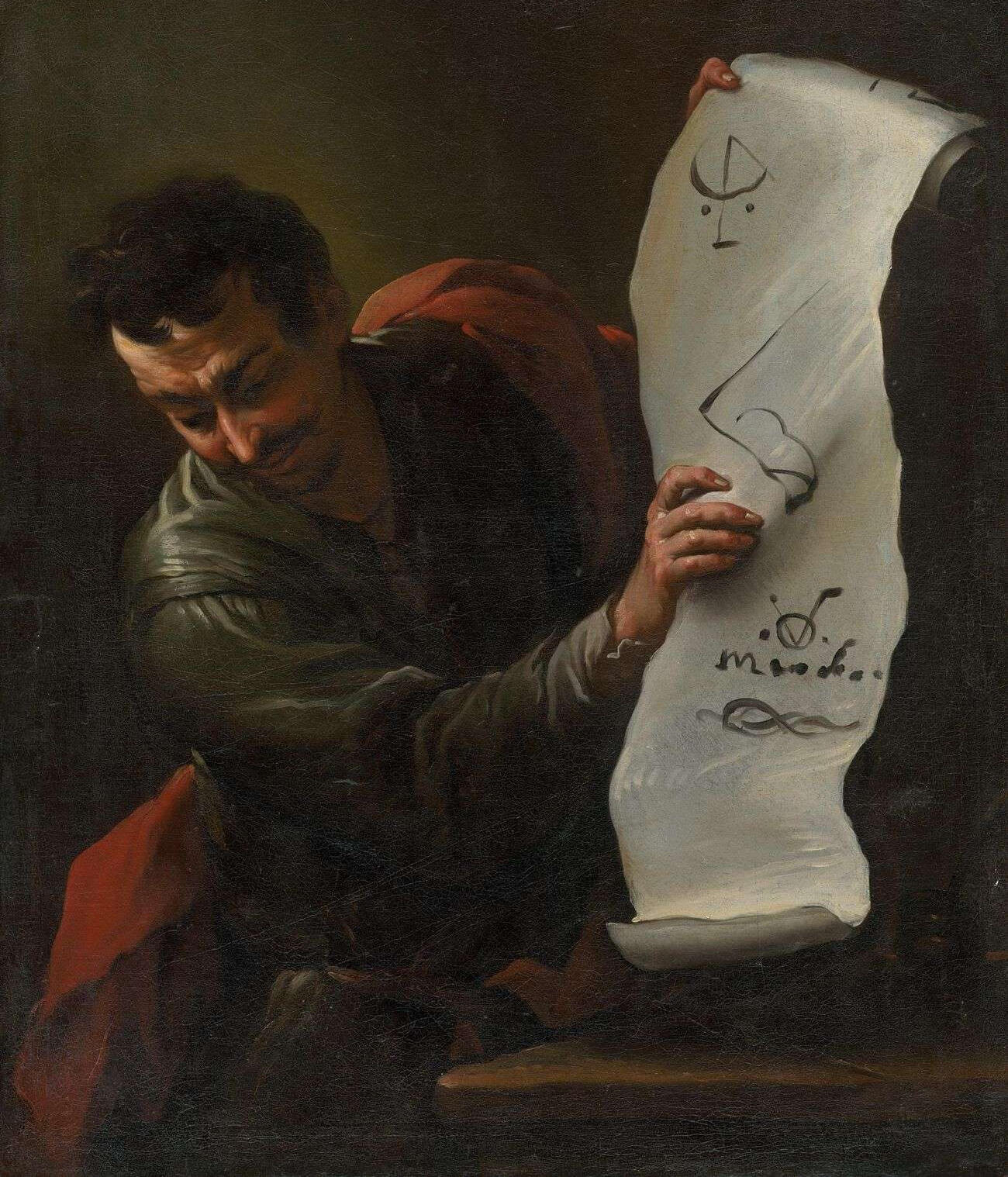 uomo con pergamena uomo rinascimentale che mostra una pergamena